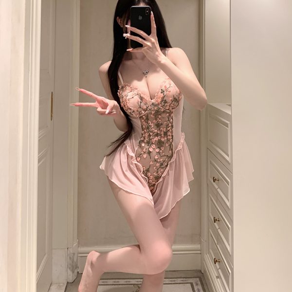 Floral vine embroidery crotchless bodysuit